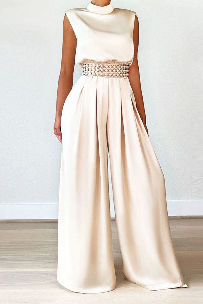 Sleeveless Mock Neck Pleated Wide Leg Jumpsuit Lavish Daily