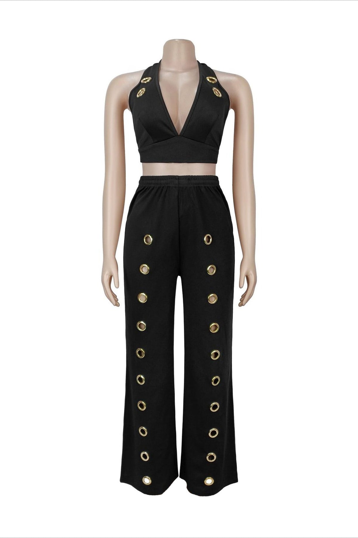 Oversized Eyelet Halter Crop Top & Pant Set Lavish Daily