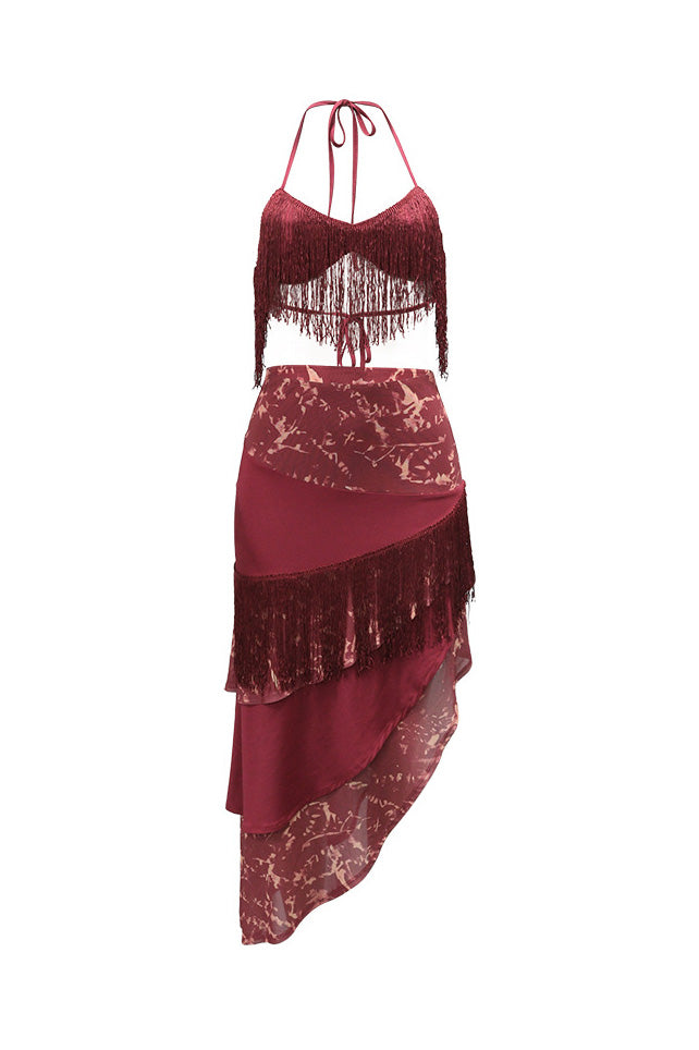 Asymmetric Fringe Halter Skirt Set Lavish Daily