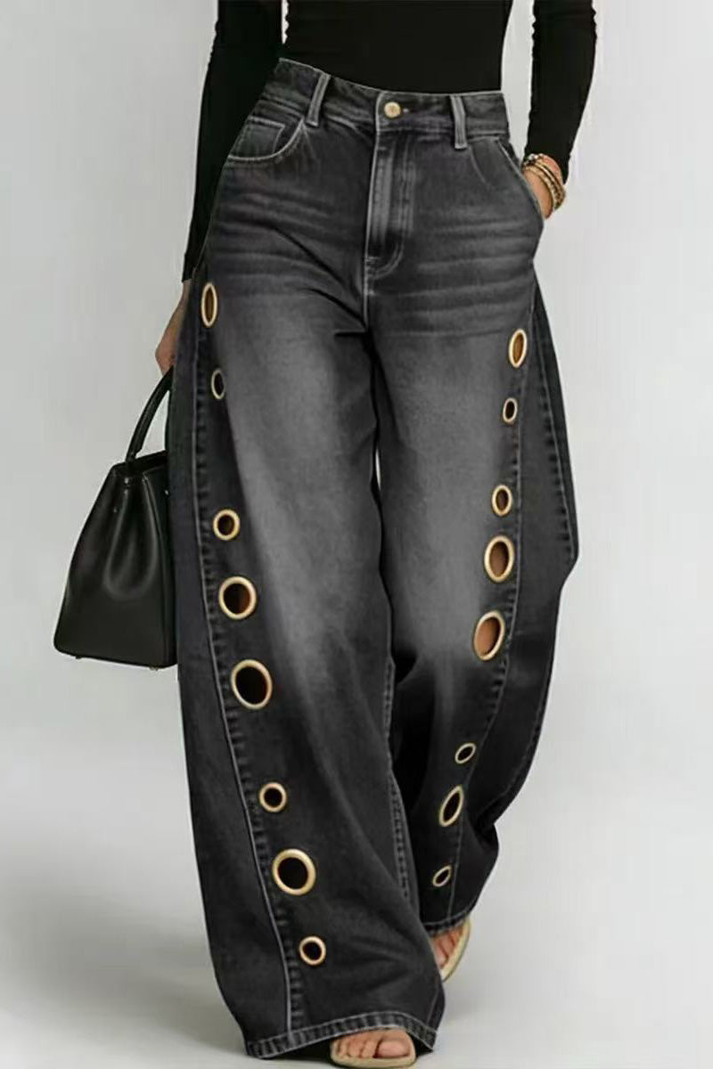 Statement Grommet Wide Leg Jeans Lavish Daily