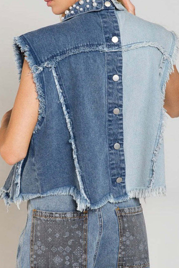 Two-Tone Pearl & Studded Distressed Denim Vest Lavish Daily