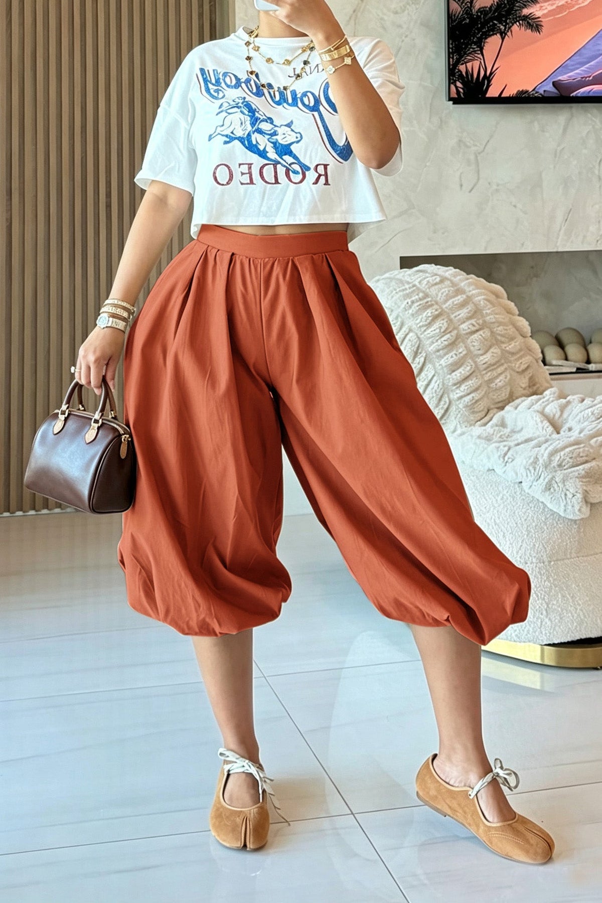 High Waist Pleated Balloon Capri Pants Lavish Daily
