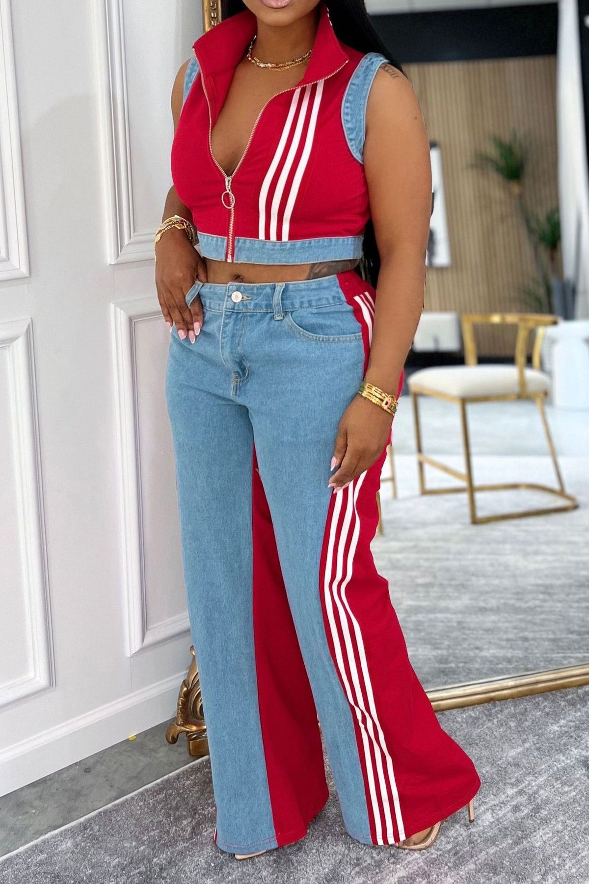 Sporty Striped Denim Crop Vest & Jeans Set Lavish Daily