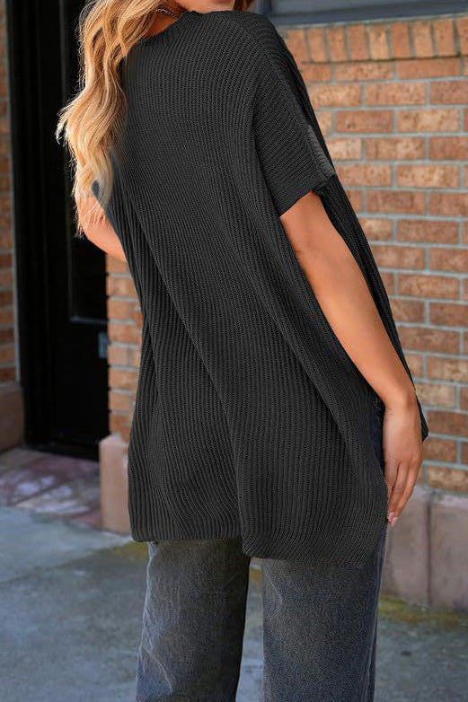 Short Sleeve Side Slit Oversized Sweater Lavish Daily