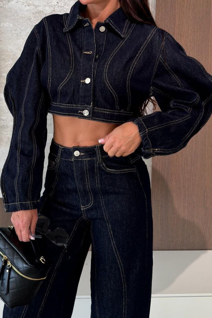 Contrast-Stitch Cropped Denim Jacket Lavish Daily
