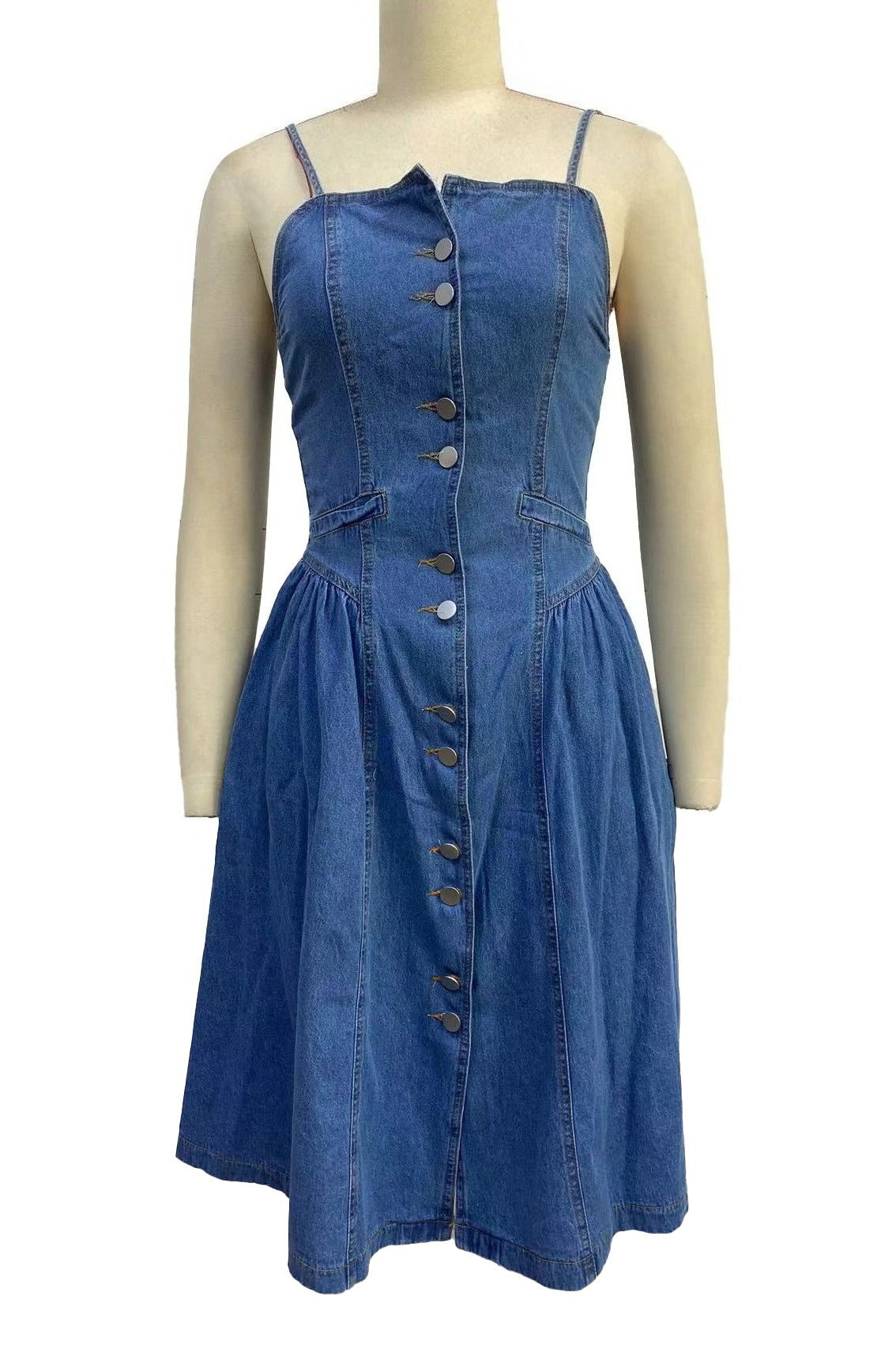 Button-Down Denim Midi Sundress with Pockets Lavish Daily