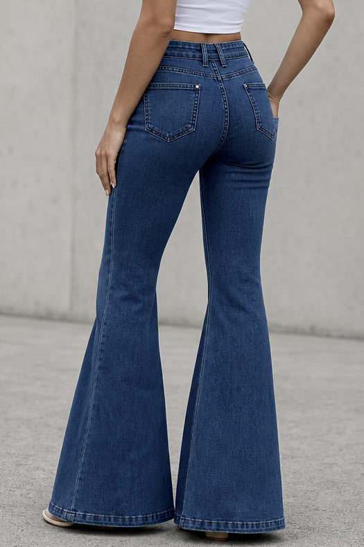 Medium Stretch High Rise Tie Belt Flare Jeans Lavish Daily