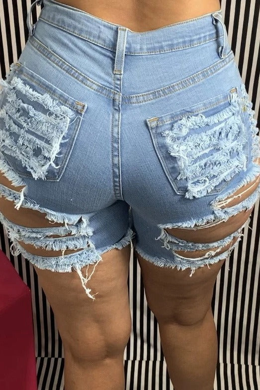 Distressed Cutout Denim Bermuda Shorts LavishDaily