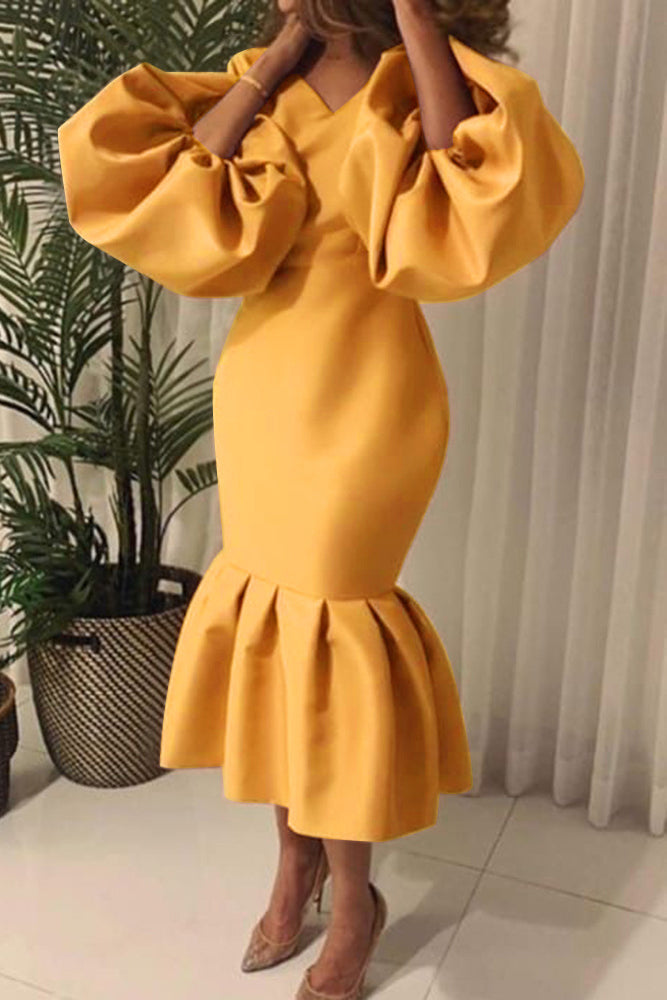 Plus Size Solid Color Puff Sleeve Flounce Dress Lavish Daily