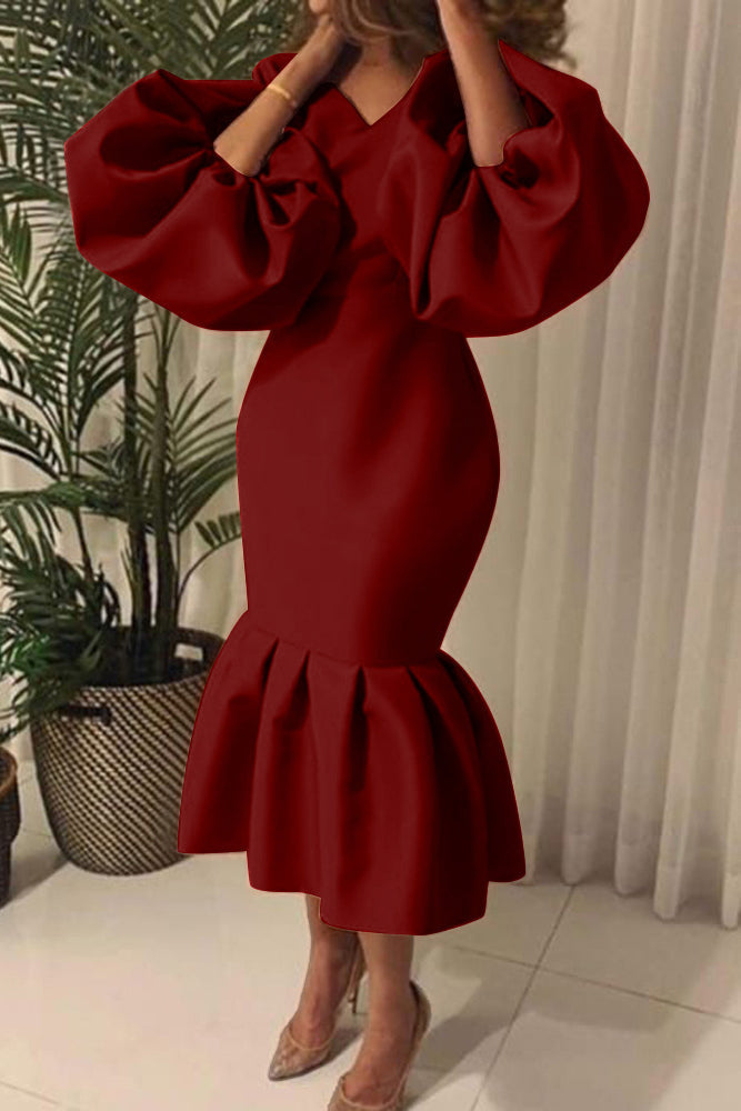 Plus Size Solid Color Puff Sleeve Flounce Dress Lavish Daily