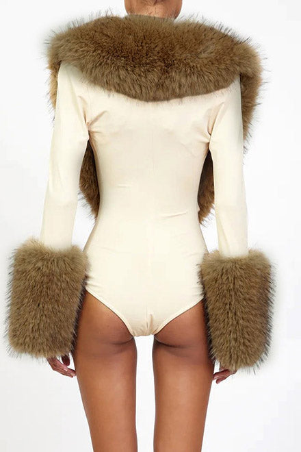 Plush-Trim Deep V Long-Sleeve Bodysuit Lavish Daily
