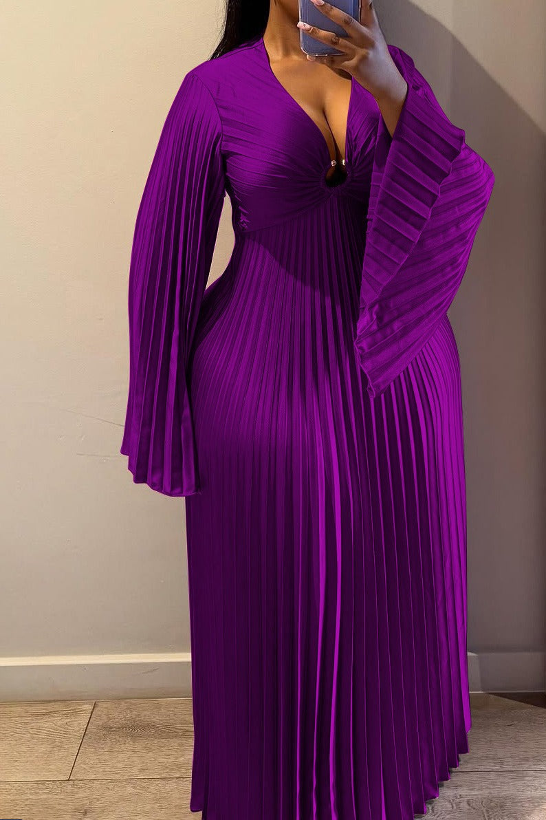 Plus Size V-Neck Pleated Flare Sleeve Maxi Dress Lavish Daily