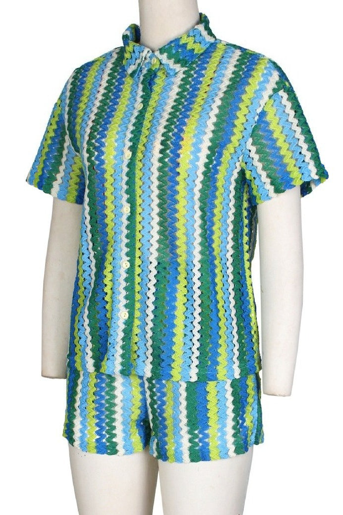 Crochet Chevron Short Sleeve Button-Down & Shorts Set Lavish Daily