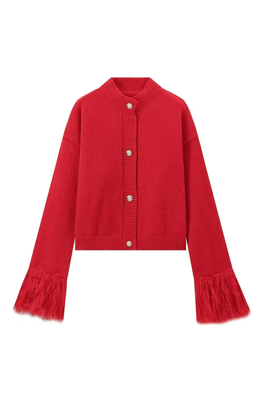 Faux Feather Cuff Button-Up Knit Cardigan Lavish Daily