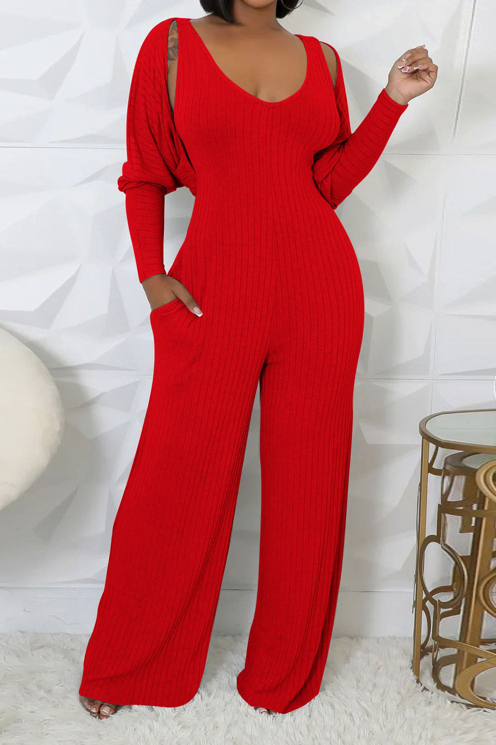 2-Piece Ribbed Knit Tank Jumpsuit & Cropped Top Set Lavish Daily
