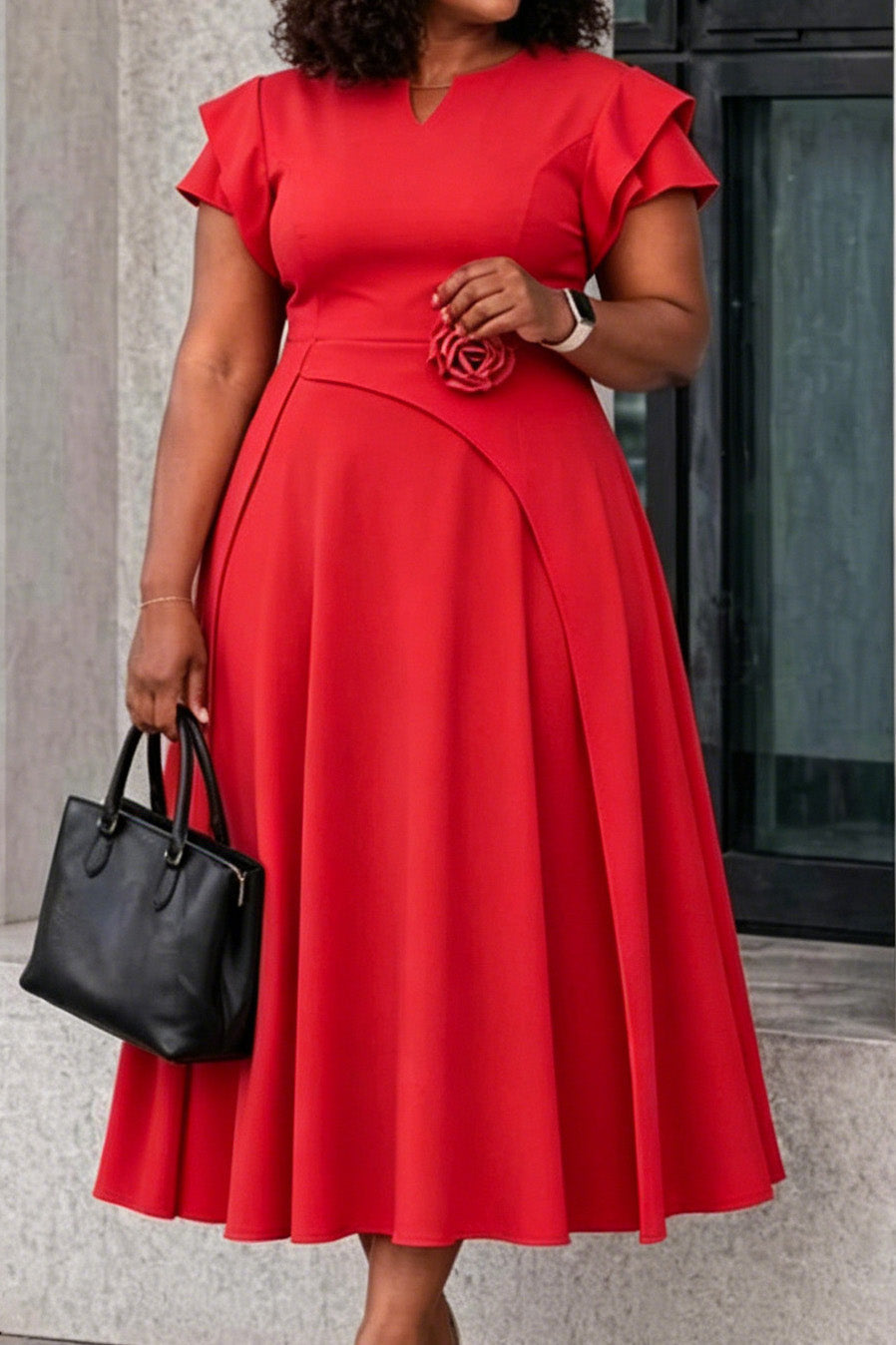 3D Floral Notched Neck A-Line Midi Dress Lavish Daily