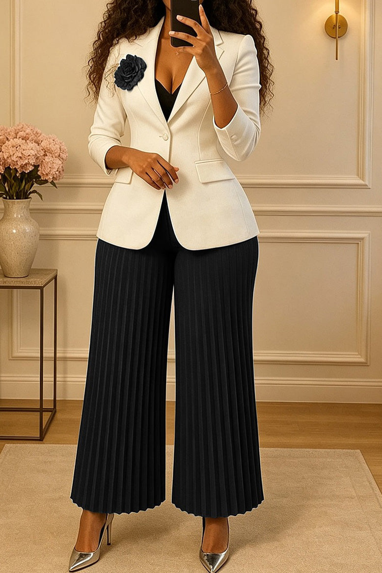 Floral Brooch Blazer Pleated Pants Set Lavish Daily