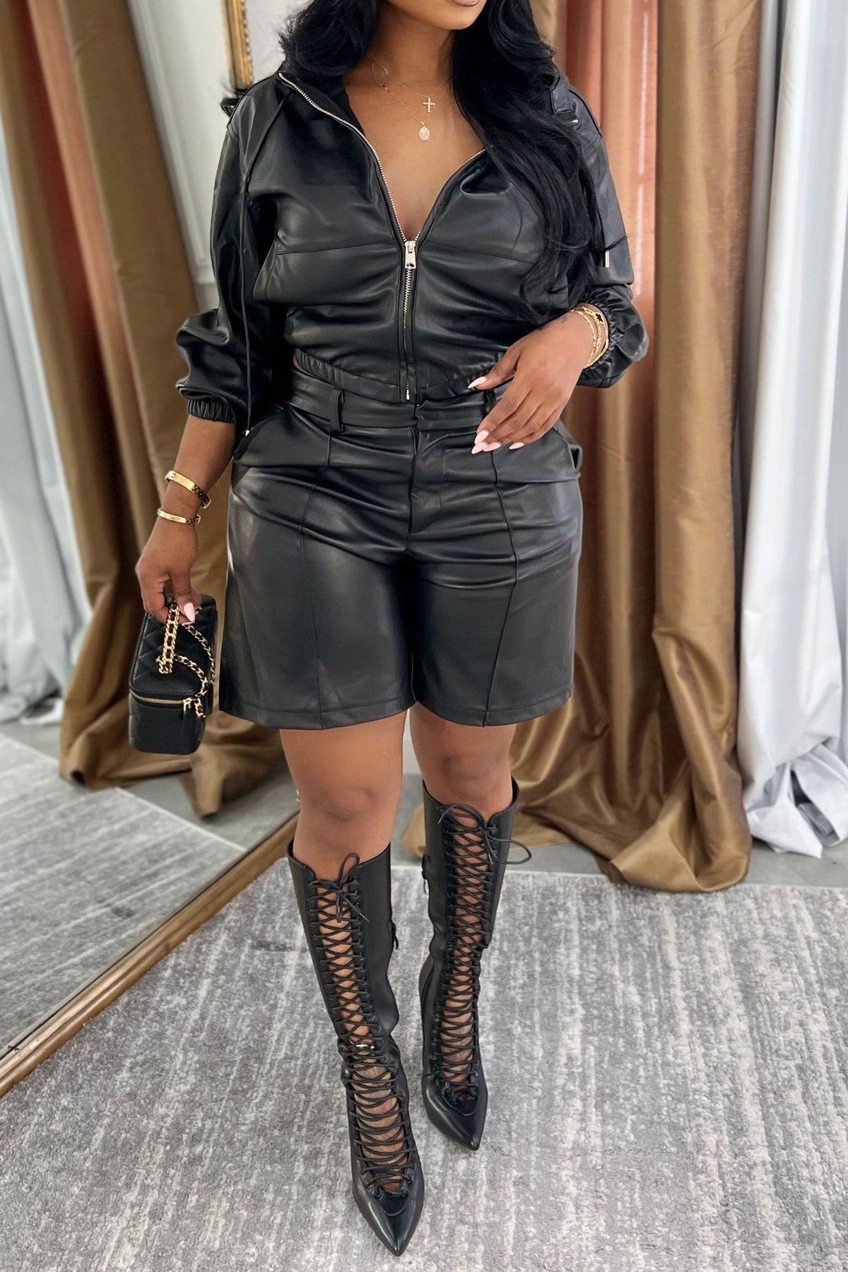 Faux Leather Hooded & Shorts Set Lavish Daily