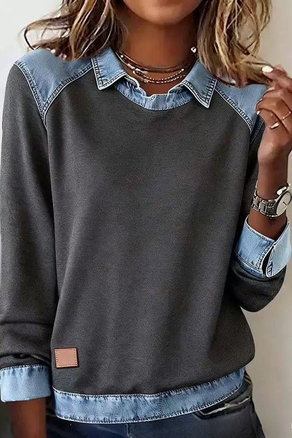 Denim Collar Long Sleeve Knit Pullover Top Lavish Daily