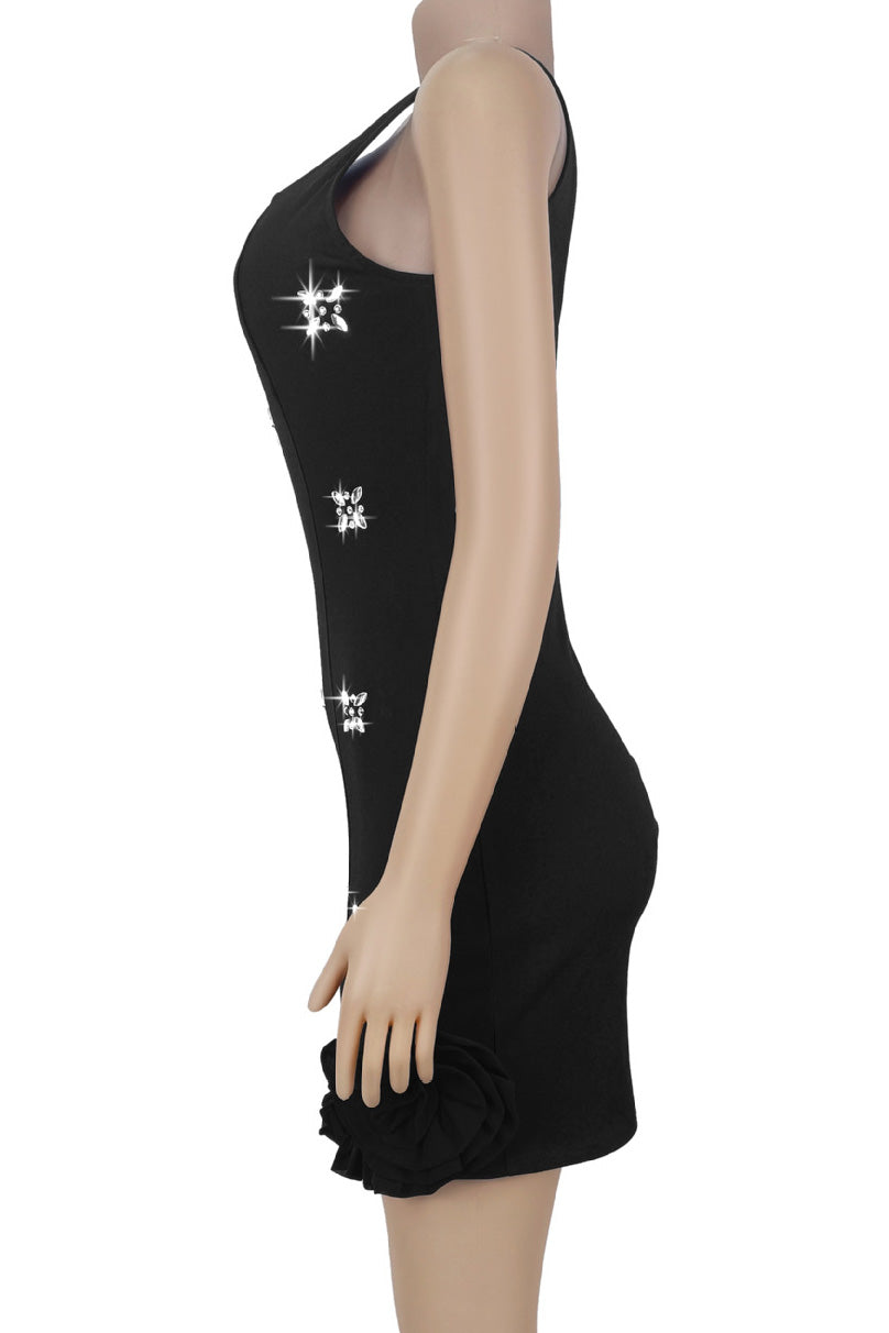 Rhinestone 3D Rosette Hem Mini Dress Lavish Daily