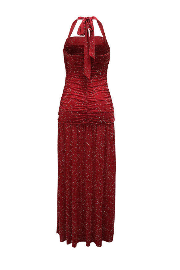 Shimmer Ruched Halter Slit Maxi Gown Lavish Daily
