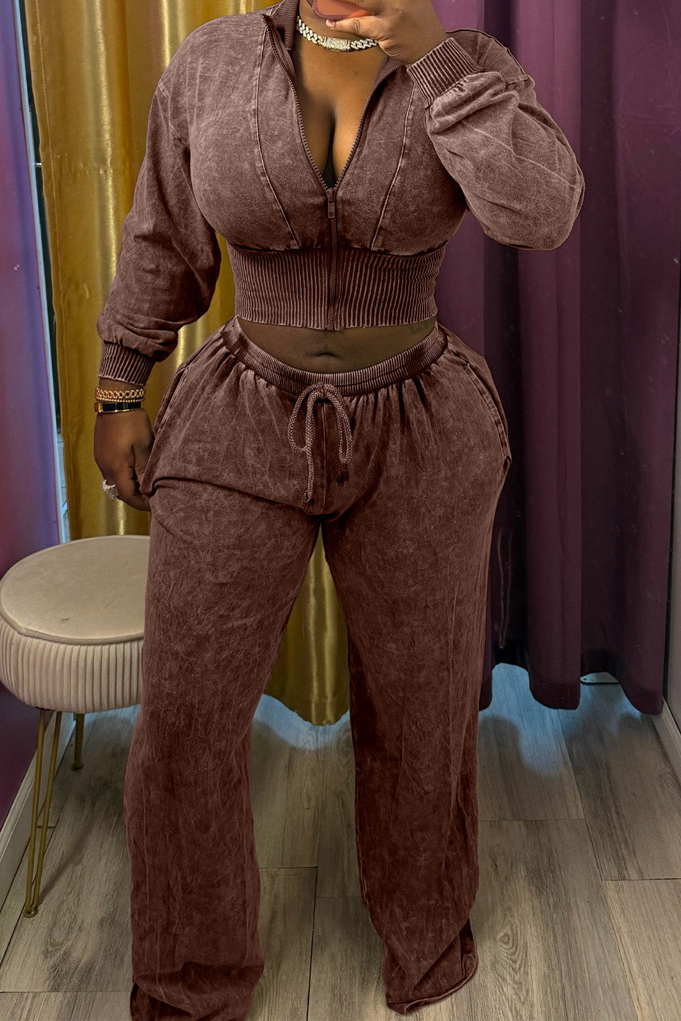 Washed Cropped Zip Jacket Wide Leg Pants Set Lavish Daily