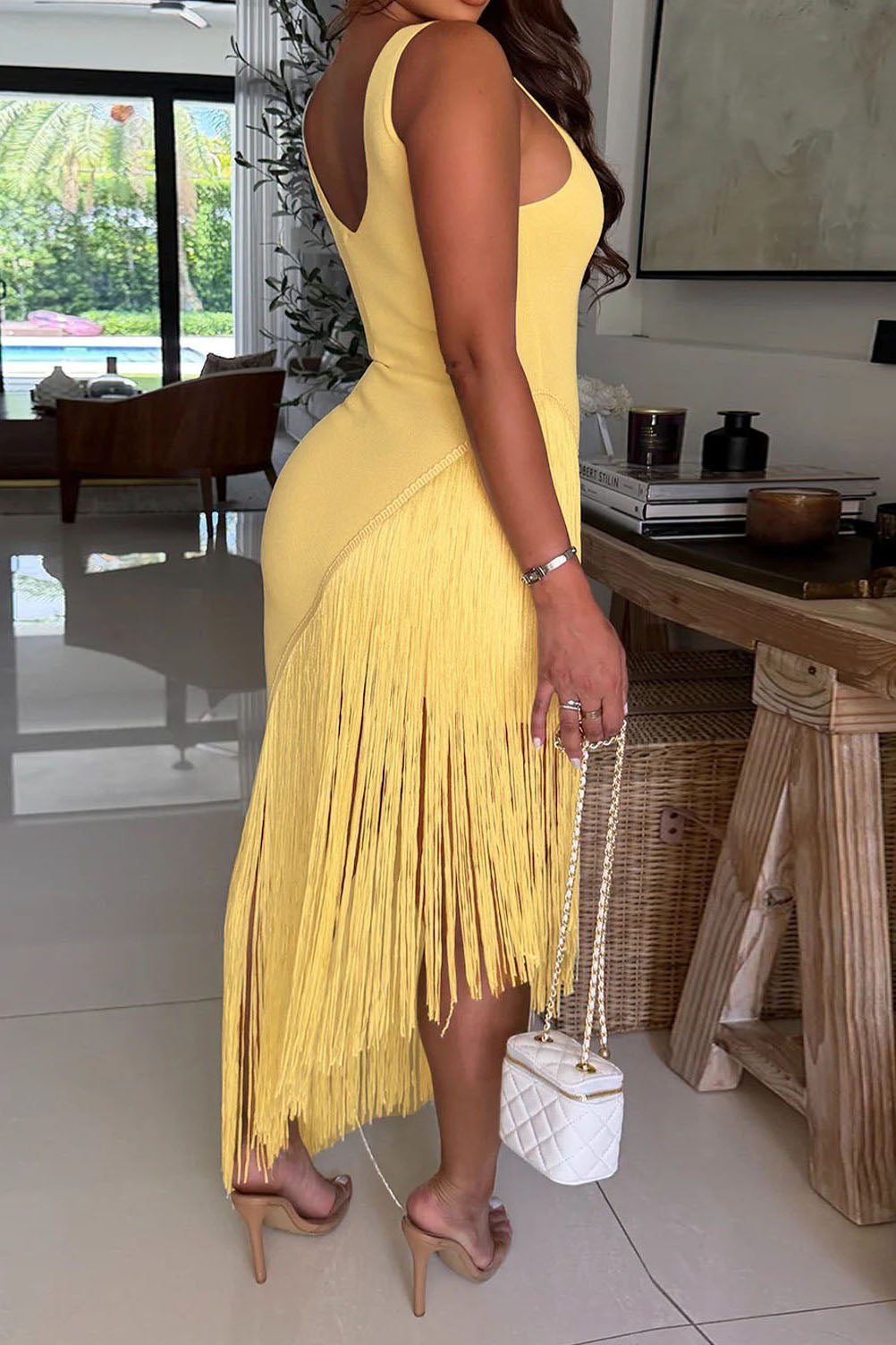 Sleeveless Asymmetrical Fringe Maxi Dress Lavish Daily