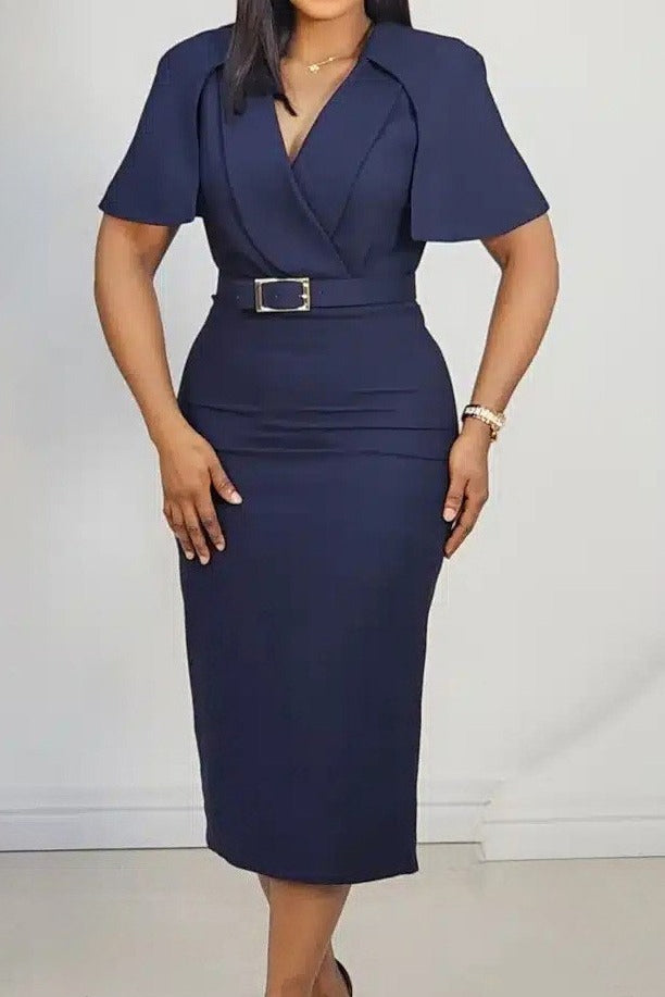 Belted Flutter Sleeve Pencil Dress Lavish Daily