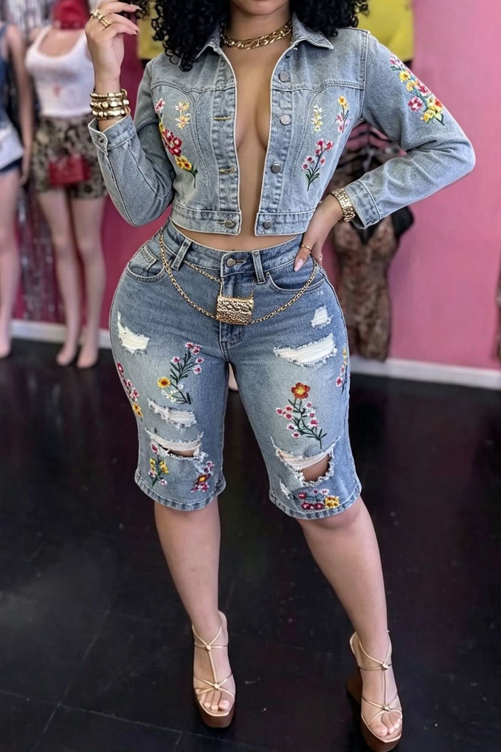Embroidered Denim Top and Bermuda Shorts Set Lavish Daily