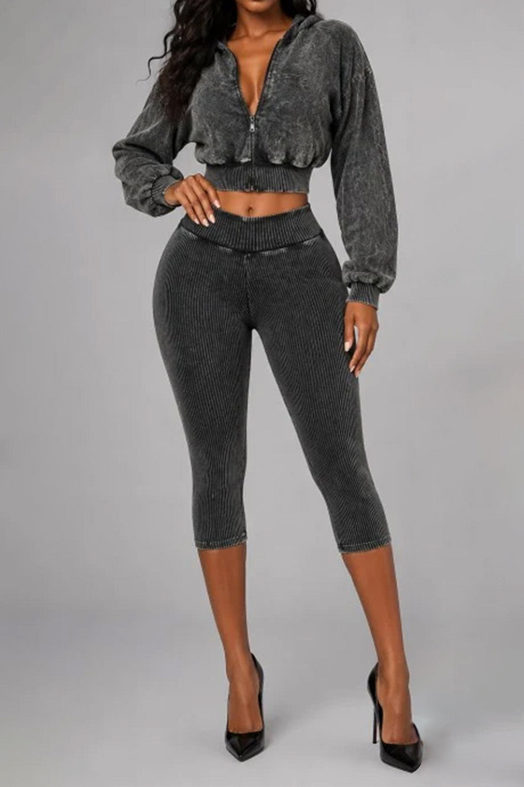 Washed Hoodie & Ribbed Capri Leggings Set Lavish Daily