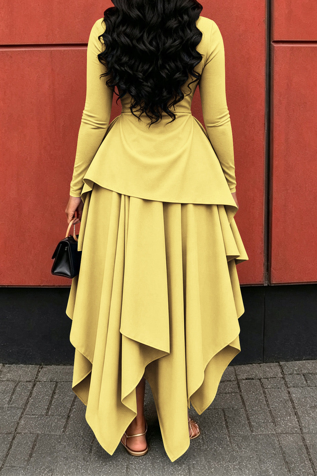 Long-Sleeve Ruffle Hem High-Low Dress Lavish Daily