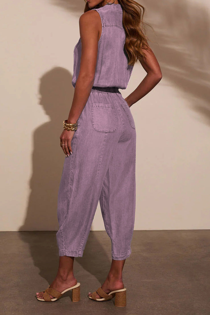 Sleeveless Drawstring Denim Utility Jumpsuit Lavish Daily
