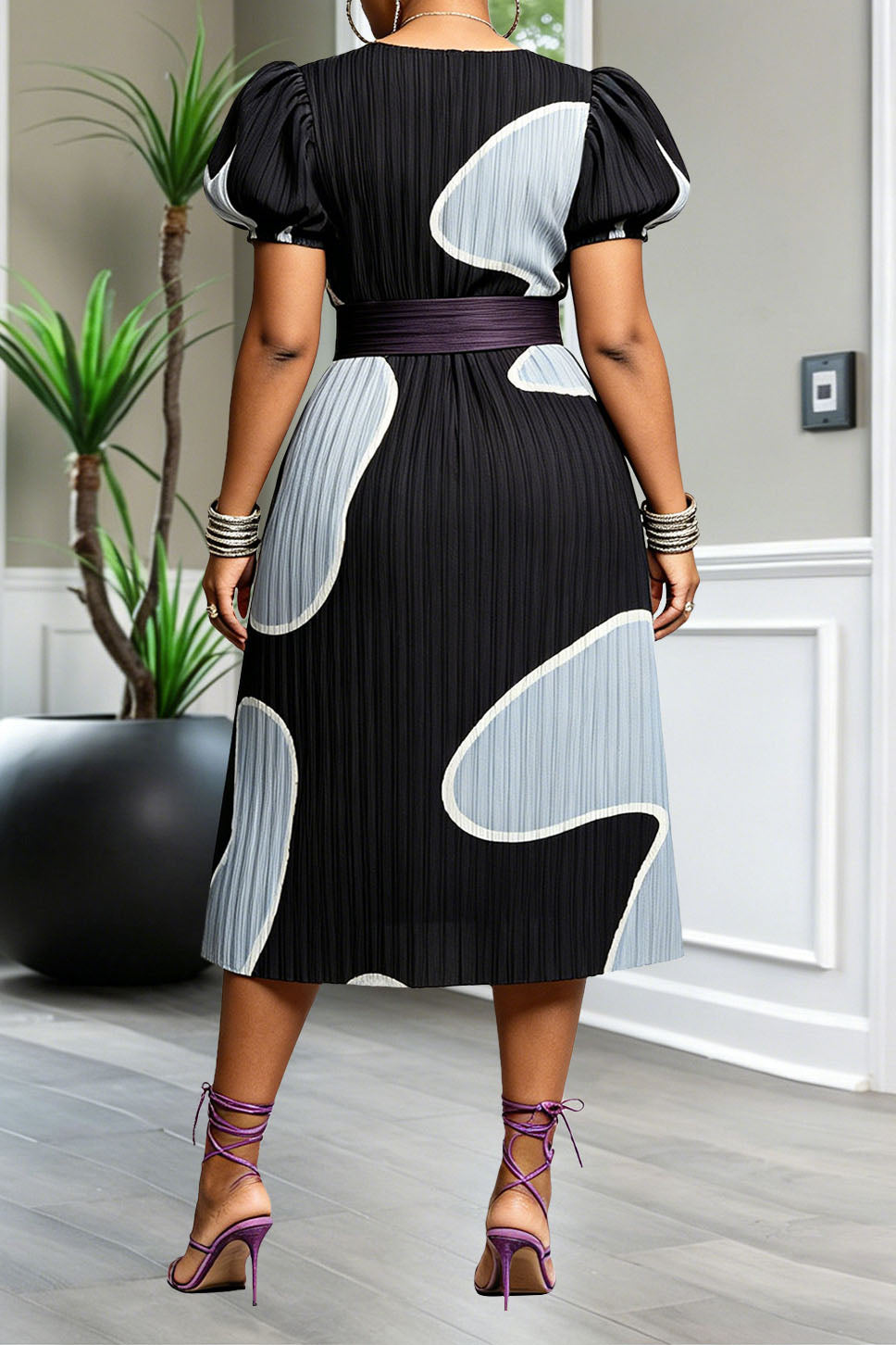 Abstract Puff Sleeve Pleated Dress Lavish Daily
