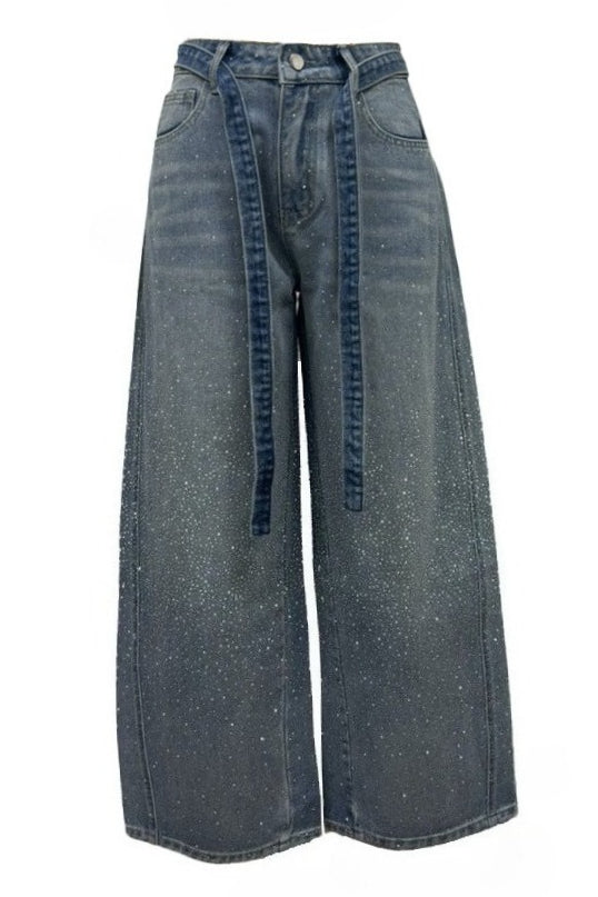 Rhinestone Sparkle Wide Leg Jeans High Waisted Lavish Daily