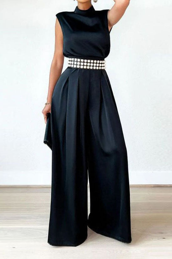 Sleeveless Mock Neck Pleated Wide Leg Jumpsuit Lavish Daily