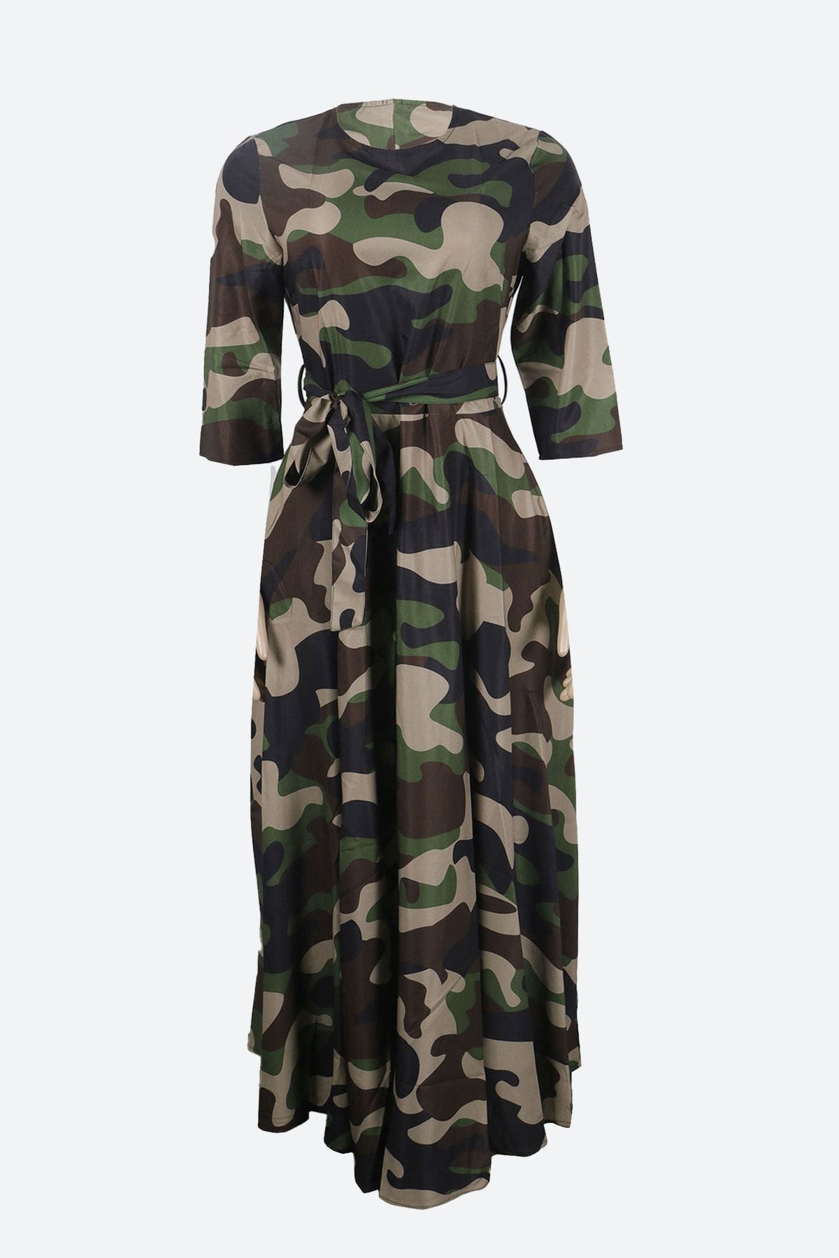 Print Crew Neck Half Sleeve Belted Dress Lavish Daily