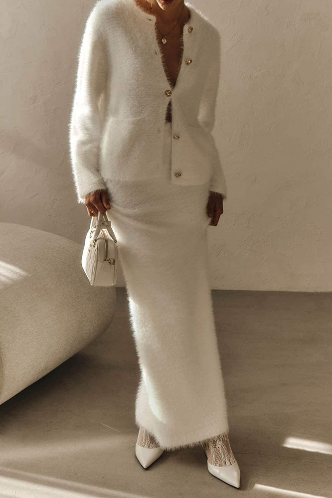 Fuzzy Long Sleeve Button Cardigan and Skirt Set Lavish Daily