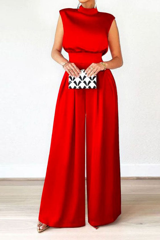 Sleeveless Mock Neck Pleated Wide Leg Jumpsuit Lavish Daily