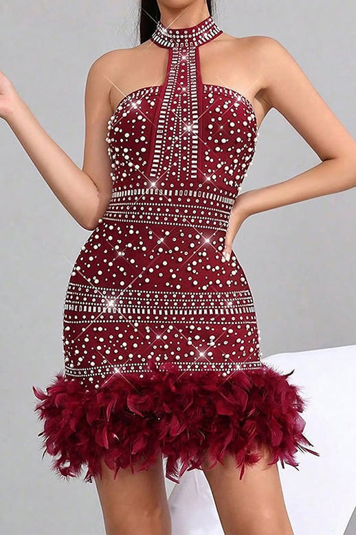 Rhinestone Halter Feather Trim Mini Dress Lavish Daily