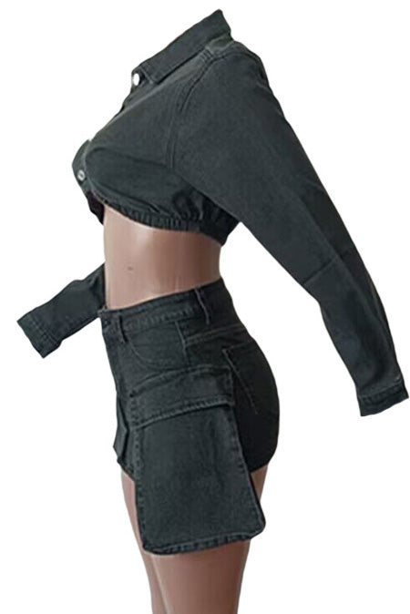 Black Denim Jacket And Skirt Set Lavish Daily