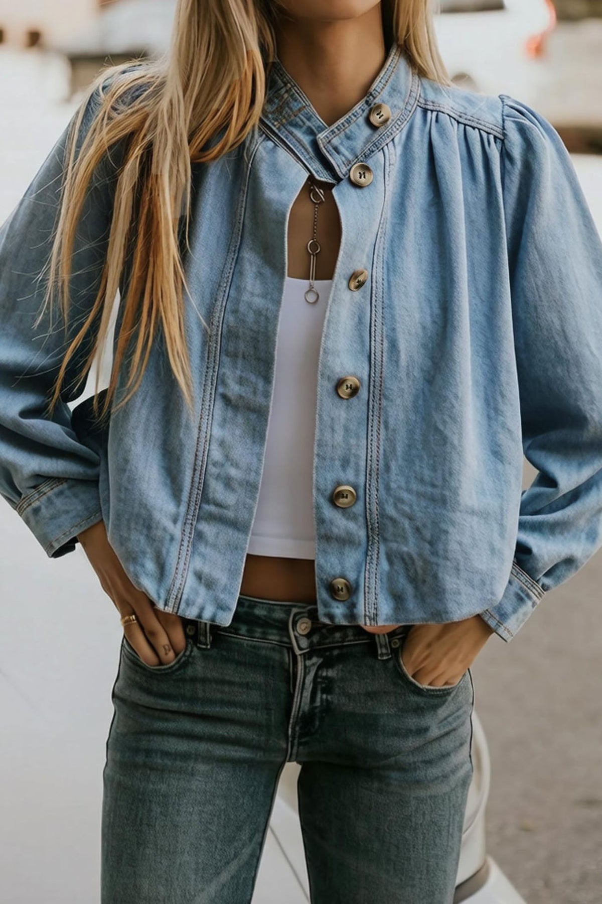Puff-Sleeve Stand-Collar Denim Jacket Lavish Daily