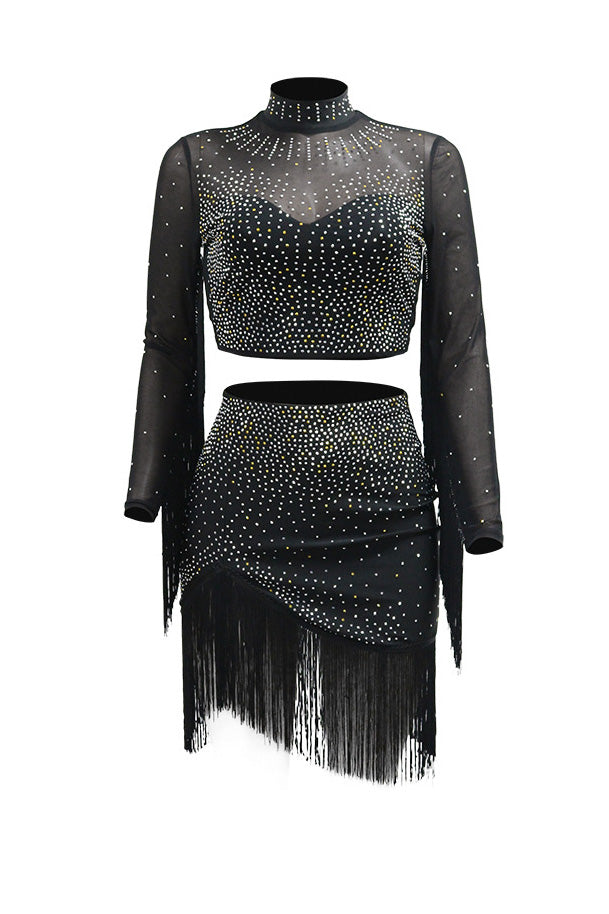Rhinestone Mesh Fringe Skirt Set Lavish Daily