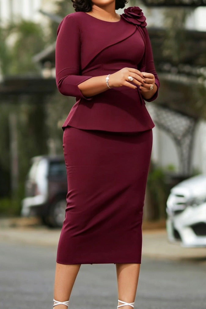 Elegant Floral Applique Peplum Midi Dress Lavish Daily