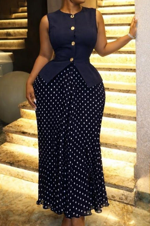 Button Vest & Polka Dot Pleated Skirt Set Lavish Daily