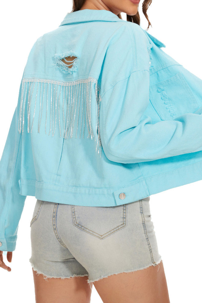 Distressed Button-Up Cropped Denim Jacket Lavish Daily