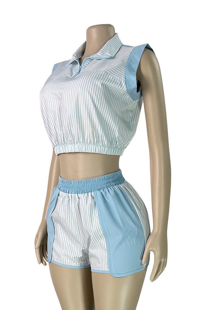 Contrast Panel Striped Half-Zip Top & Shorts Set Lavish Daily