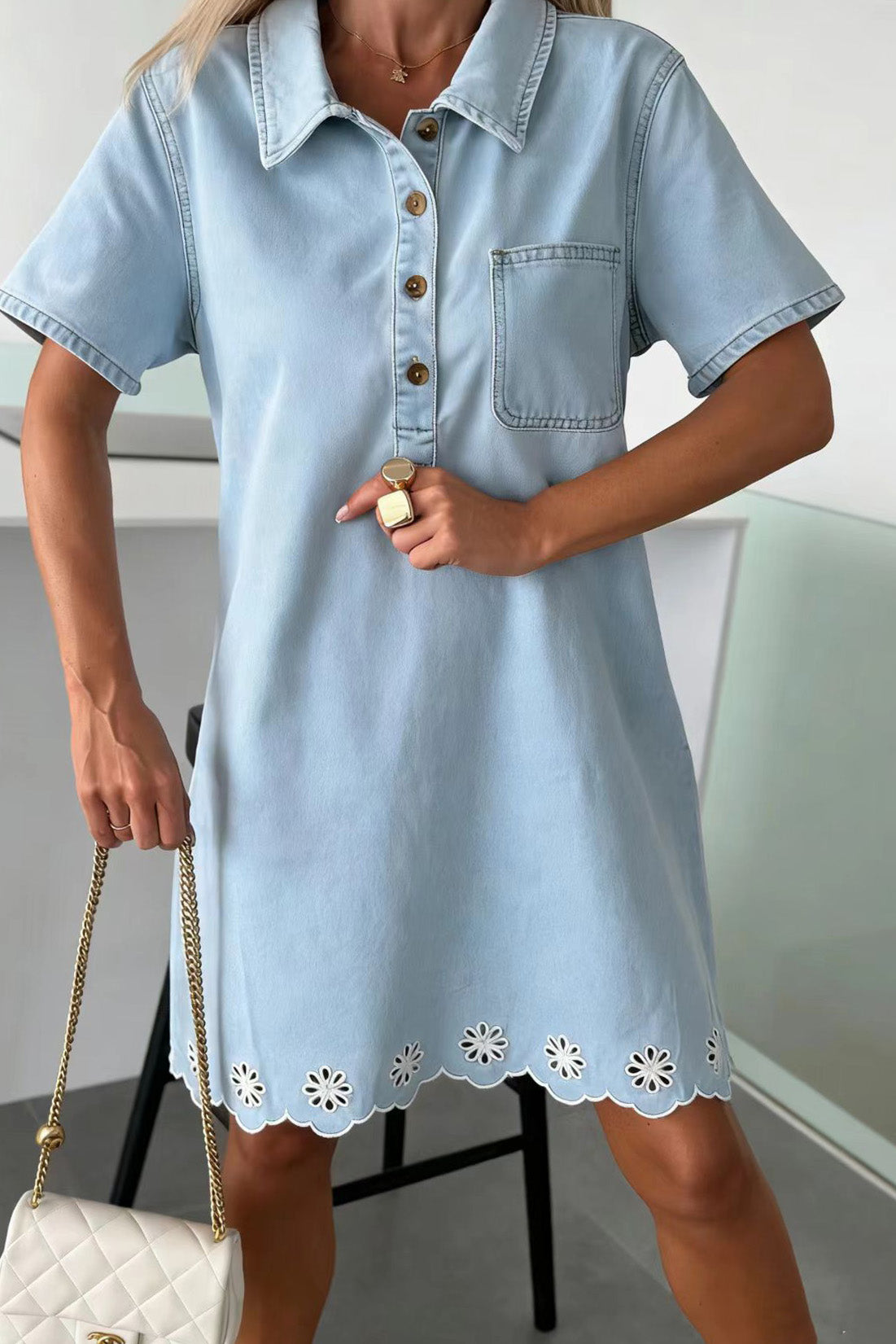 Short Sleeve Floral Eyelet Scalloped Hem Denim Dress Lavish Daily