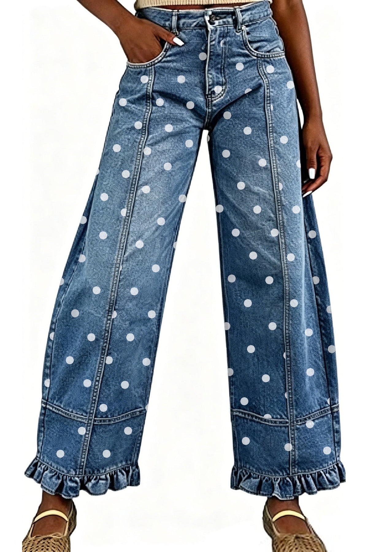 Polka Dot Wide Leg Jeans with Ruffle Hem Lavish Daily