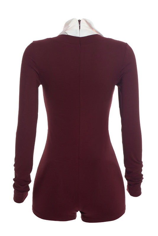 Contrast-Collar V-Neck Long-Sleeve Romper Lavish Daily