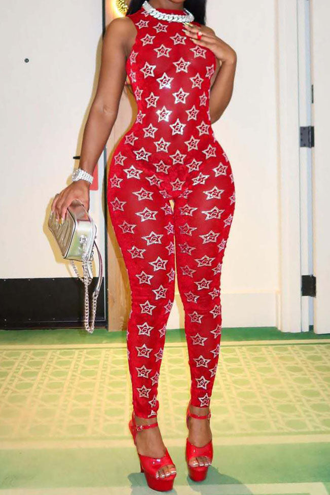 Metallic Star Print Mesh Jumpsuit Lavish Daily